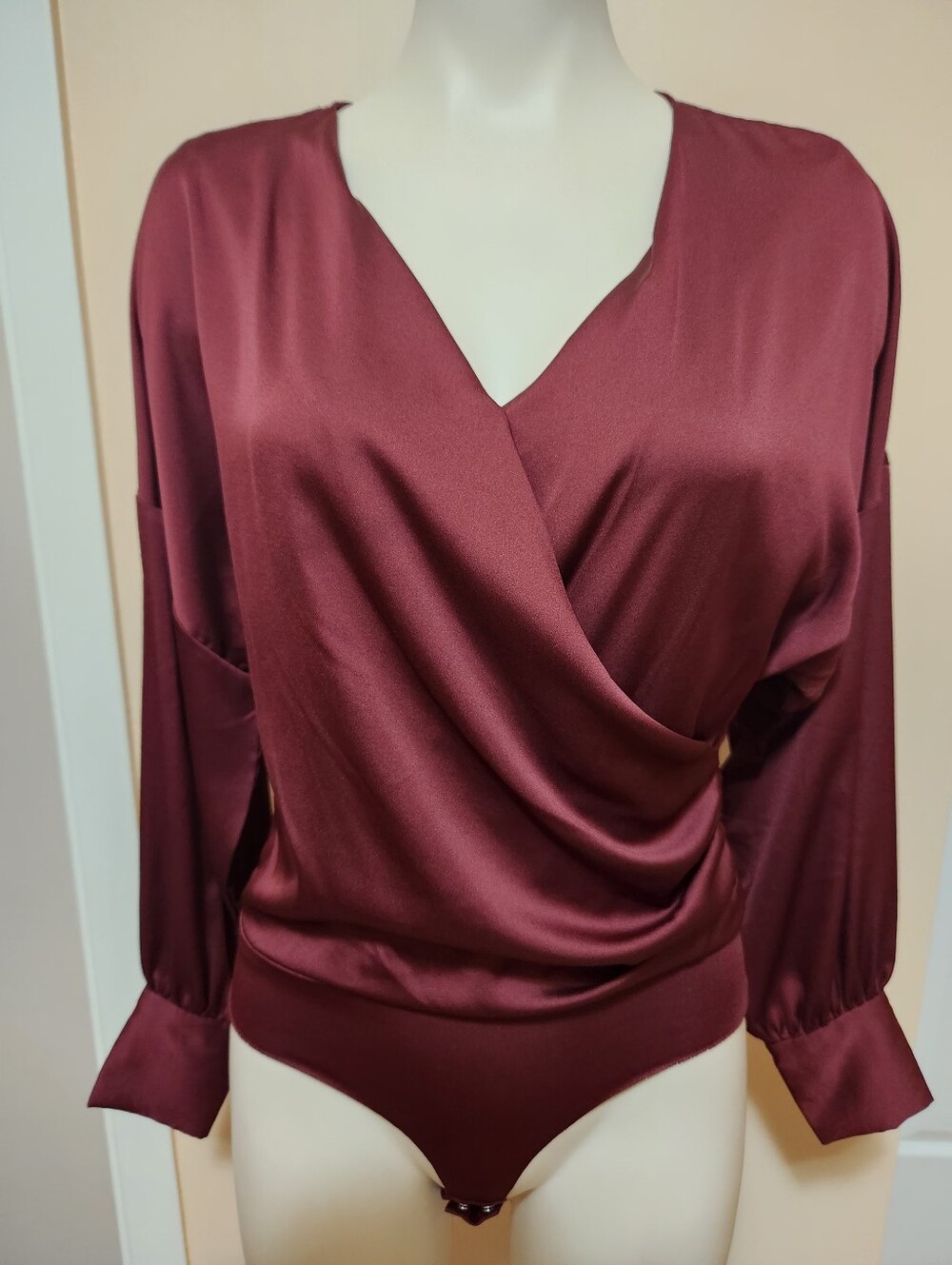 Dynamite Wrap-Front Satin Bodysuit in Burgundy